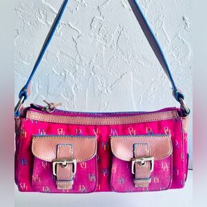 VINTAGE DOONEY & BOURKE PINK TAN/BLUE TRIMMING DOUBLE POCKET SATCHEL RAINBOW Y2K